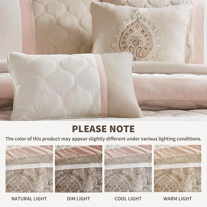 510 DESIGN Luxe Quilted Comforter Set Modern Transitional Design, All Season Down Alternative Warm Bedding Matching Shams, Bedskirt, Decorative Pillow, Cal King, Shawnee Scrollwork Blush