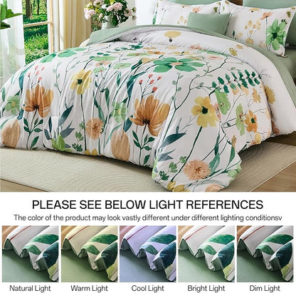 Anibedding 8Pieces Queen Comforter Set, Sage Green Watercolor Floral Queen Size Bed in a Bag Comforter Set with Pillowcase, Sheets for All Season