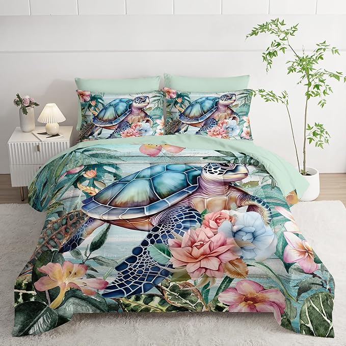 Spring Sea Turtle Comforter Set 7 Pcs Bedding Set Full Size,Spring Sea Turtle Theme Bedding Set 7 Piece in A Bag,Wooden Floral Tropical Plants Printed Quilts Set Lightweight Soft