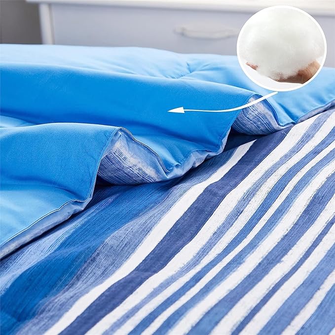 KAKIJUMN 5 Piece Bed in a Bag Stripe Comforter Set Twin Size, White and Blue Patchwork Striped Comforter and Sheet Set, All Season Soft Microfiber Complete Bedding Sets(Blue,Twin)