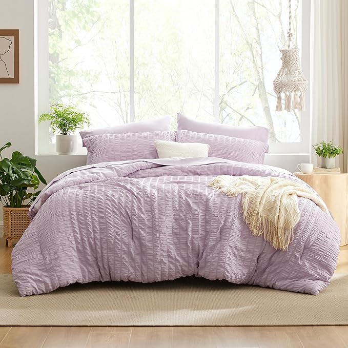 Love's cabin Seersucker Lavender California King Comforter Set, 7-Piece All Season Lightweight Bed in a Bag Bedding Set with Comforter, Flat Sheet, Fitted Sheet, Pillowcases and Shams | Soft, Breathable, Lightweight