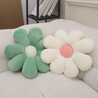 2 Pcs Sage Green Throw Pillow Decorative Flower Pillows for Room Decor, 15" Cute Aesthetic Flower Daisy Shaped Throw Pillows for Bedroom Bed Couch Chair Classroom (White+Green, 15.35 Inch)