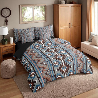 Erosebridal 7 Piece Western Bed in A Bag Queen Southwestern Aztec Comforter Set for Kids Teens Rustic Bohemian Geometric Bedding Sets Vintage Country Tribal Aesthetic Sheet Set with Comforter