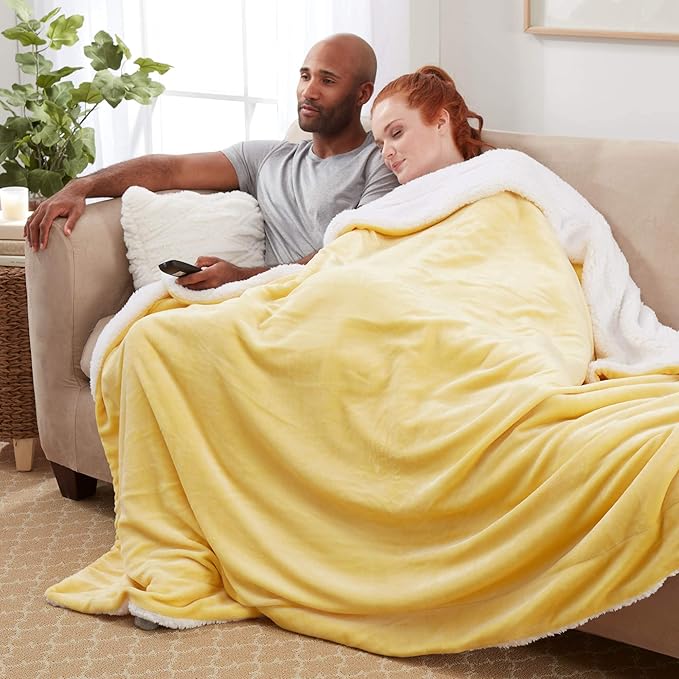 Genteele Sherpa Throw Blanket Super Soft Reversible Ultra Luxurious Plush Blanket, 60 x 70 inches, Yellow/White