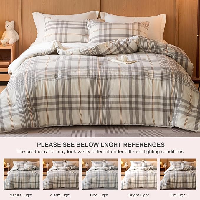 100% Cotton Comforter Set King Size – Reversible Yarn-Dyed Checkered Design, Soft Washed Cotton on Both Sides, Lightweight All-Season Bedding, Machine Washable(Grey White Plaid, 104”x90”)