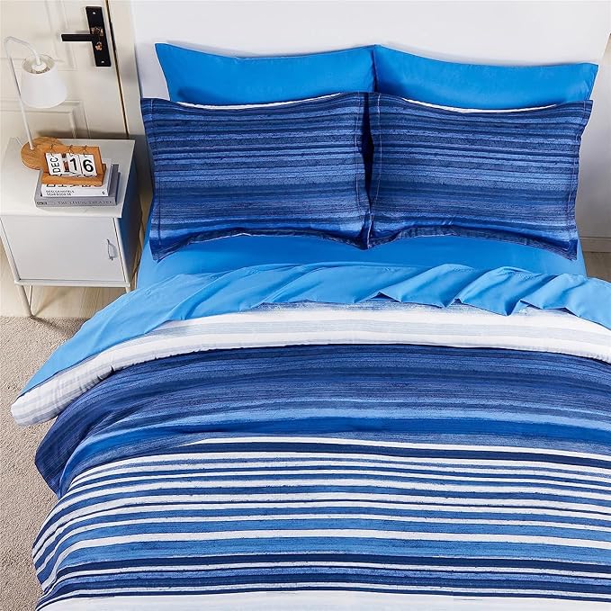 KAKIJUMN 5 Piece Bed in a Bag Stripe Comforter Set Twin Size, White and Blue Patchwork Striped Comforter and Sheet Set, All Season Soft Microfiber Complete Bedding Sets(Blue,Twin)