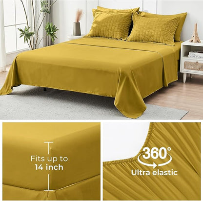 HYMOKEGE Mustard Yellow Queen Comforter Set Seersucker 7 Pieces, All Season Luxury Bed in a Bag Queen for Bedroom, Bedding Set with Comforter, Sheets, Pillowcases & Shams