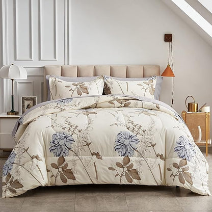 Joyreap 7 Piece Bed in a Bag King, Elegant Flower Botanical Smooth Soft Microfiber Floral Comforter Set for All Season (1 Comforter, 2 Pillow Shams, 1 Flat Sheet, 1 Fitted Sheet, 2 Pillowcases)
