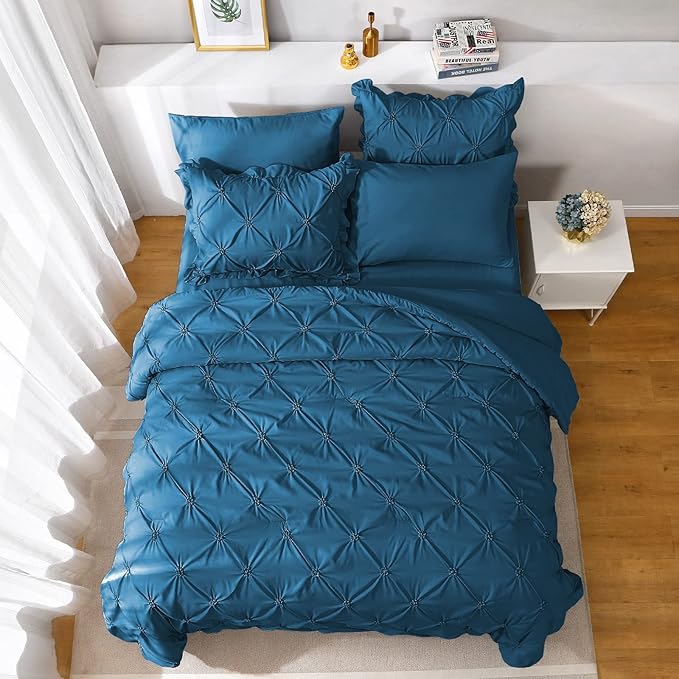 JOLLYVOGUE Teal Full Size Comforter Sets 7 Pieces, Pintuck Bed in a Bag Comforter Set for Bedroom, Bedding Comforter Sets with Comforter, Sheets,Ruffled Shams & Pillowcases