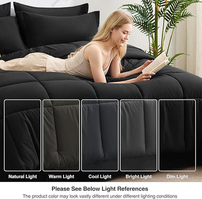 Love's cabin King Size Comforter Set Ash Black, 7 Pieces King Bed in a Bag, All Season Bedding Sets with 1 Comforter, 1 Flat Sheet, 1 Fitted Sheet, 2 Pillowcase and 2 Pillow Sham