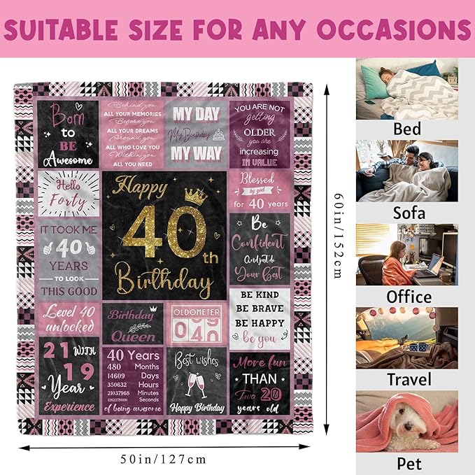 40th Birthday Gifts for Women, 40th Birthday Blanket with Gift Box for Women, Gifts for 40th Birthday, Happy 40 Birthday Gift Ideas for Her, 40th Birthday Gifts Throw Blanket 60"x50"