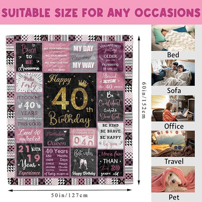 40th Birthday Gifts for Women, 40th Birthday Blanket with Gift Box for Women, Gifts for 40th Birthday, Happy 40 Birthday Gift Ideas for Her, 40th Birthday Gifts Throw Blanket 60"x50"