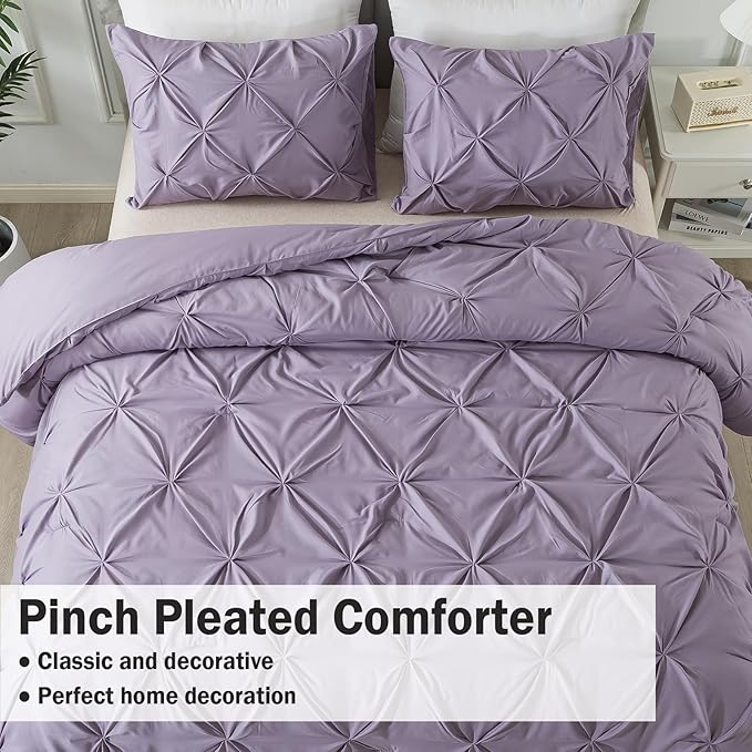 Andency Grayish Purple Pinch Pleat Comforter Full Size(79x90Inch), 3 Pieces(1 Pintuck Comforter and 2 Pillowcases) Lightweight Soft Microfiber Bedding Set for Women Men
