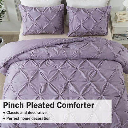 Andency Grayish Purple Pinch Pleat Comforter Full Size(79x90Inch), 3 Pieces(1 Pintuck Comforter and 2 Pillowcases) Lightweight Soft Microfiber Bedding Set for Women Men
