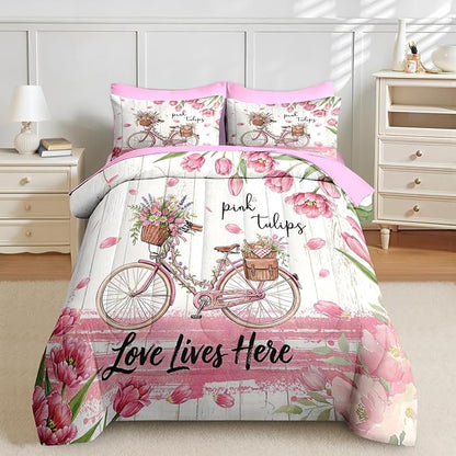 Nesker 7 Pcs Spring Comforter Set King Size, Pink Tulips Bicycle Bedding Set for Kids and Adults, Farmhouse Bed Sheet Sets with Fitted Sheet 2 Pillowcases & 2 Shams