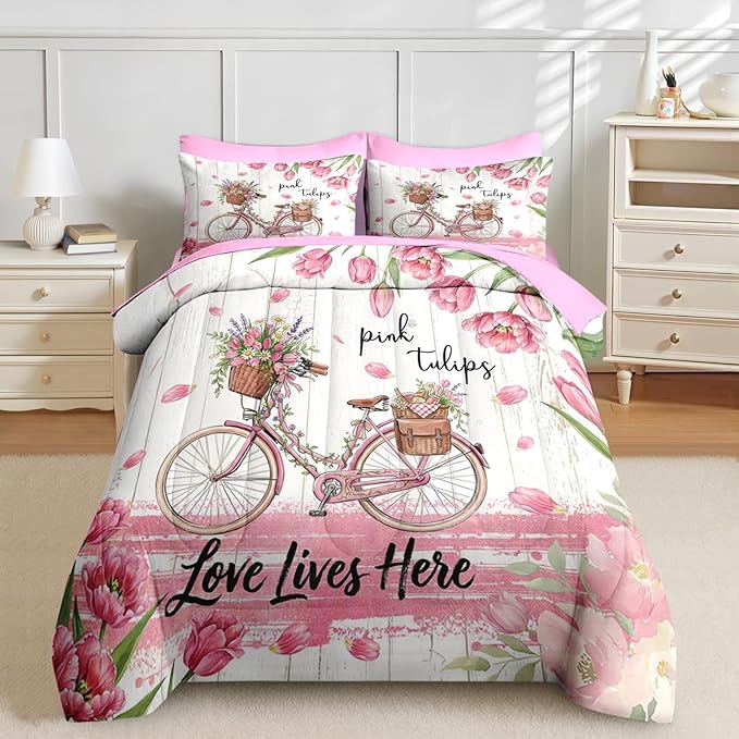 Nesker 7 Pcs Spring Comforter Set Queen Size, Pink Tulips Bicycle Bedding Set for Kids and Adults, Farmhouse Bed Sheet Sets with Fitted Sheet 2 Pillowcases & 2 Shams