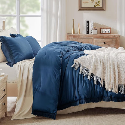 Andency Navy Blue Comforter Set Queen, 3 Pieces Boho Tassel Lightweight Bedding Comforter Sets, All Season Soft Fluffy Fringe Bed Set (90x90In Comforter & 2 Pillowcases)