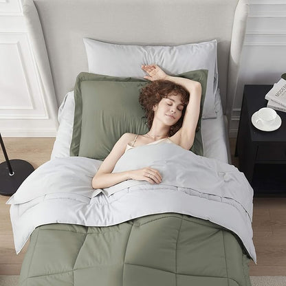 Nestl 5 Piece Twin Comforter Set – Light Sage Reversible Bed in a Bag – Complete Twin Size Bedding Set with Sheets, Pillowcase and Sham