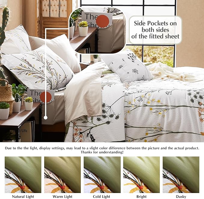 CASAAGUSTO King Comforter Set 7 PCS White & Green Dandelion Plant Comforter Set with Flowers Leaves Pattern Soft Seersucker Design All Season Bedding Set(102"X90")
