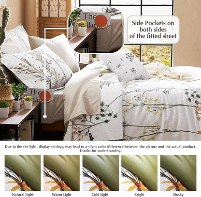 CASAAGUSTO King Comforter Set 7 PCS White & Green Dandelion Plant Comforter Set with Flowers Leaves Pattern Soft Seersucker Design All Season Bedding Set(102"X90")