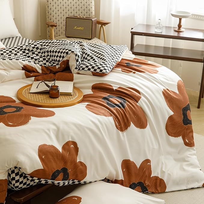 CLOTHKNOW Brown Floral California King Comforter Set Sunflower Bedding Comforter Sets Soft Black White Plaid Comforters Botanical Comforters