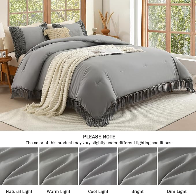 Andency Medium Grey Comforter Set California King, 3 Pieces Boho Cal King Tassel Lightweight Soft Bedding Comforter Sets, Oversized Bed Set (104x96In Comforter & 2 Pillowcases)