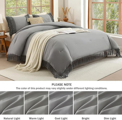 Andency Medium Grey Comforter Set California King, 3 Pieces Boho Cal King Tassel Lightweight Soft Bedding Comforter Sets, Oversized Bed Set (104x96In Comforter & 2 Pillowcases)