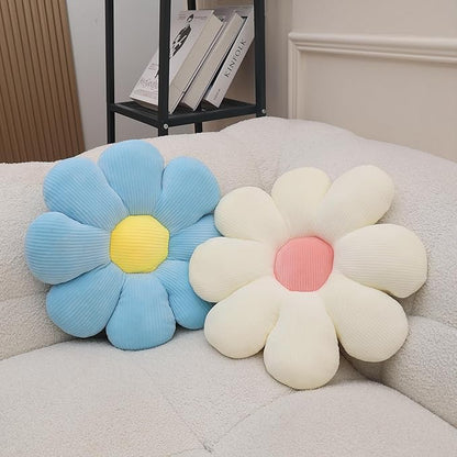 2 Pcs White Blue Flower Pillow Decorative Throw Pillows for Bed Couch Sofa Chair,15.35" Cute Aesthetic Flower Daisy Shaped Pillows Floor Cushions for Bedroom Room Classroom (White+Blue, 15.35 Inch)