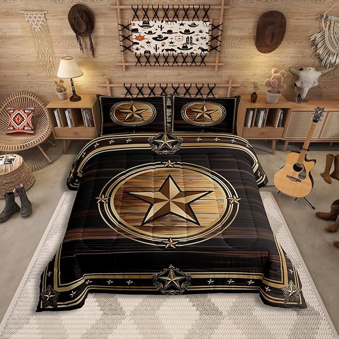 Erosebridal Western Texas Star Bedding Set Full Size, Boys Southwestern Decor Comforter Set Vintage Country Cowboy Duvet Insert Rustic Farmhouse Quilt for Kids Teens Youth Adult Bedroom Decor