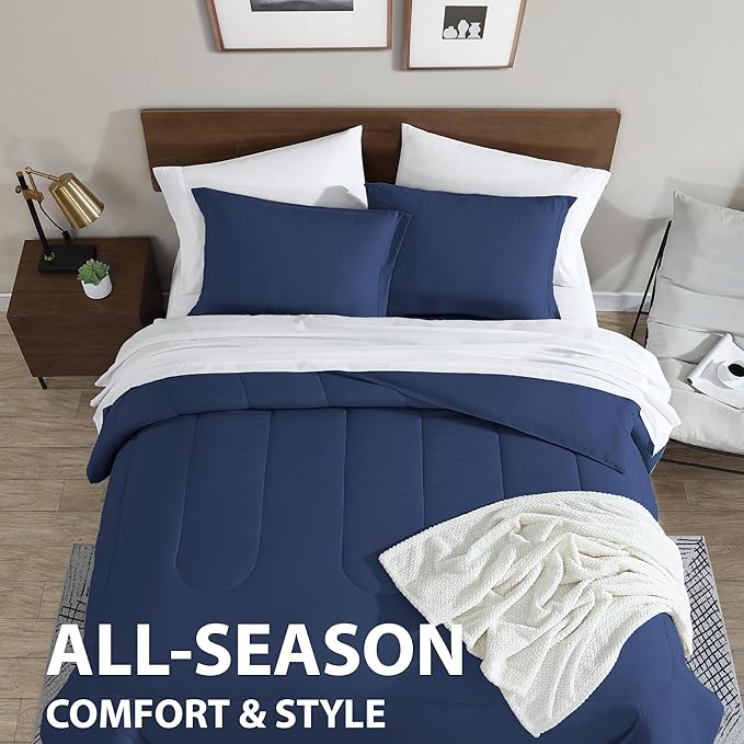 Cathay Home Basic Bedding Home Essential Ultra Soft Light Weight 8PC Wrinkle Resistant Microfiber Bed in a Bag Set (Includes Complete Sheet Set, Comforter Set & Bedskirt) - King, Indigo