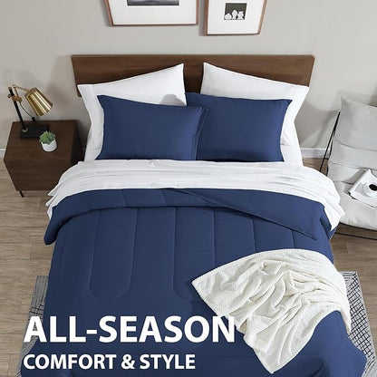 Cathay Home Basic Bedding Home Essential Ultra Soft Lightweight 8PC Wrinkle Resistant Microfiber Bed in a Bag Set (Includes Complete Sheet Set, Comforter Set & Bedskirt) - Full, Indigo