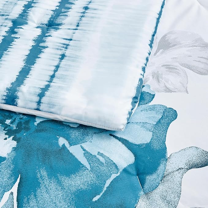 Sunshine Nicole Soft Brushed Microfiber Comforter Set, 7 Pieces King, with Light Weight Soft Poly Fill, Printed Teal Grey Big Florals Face with Print Reverse