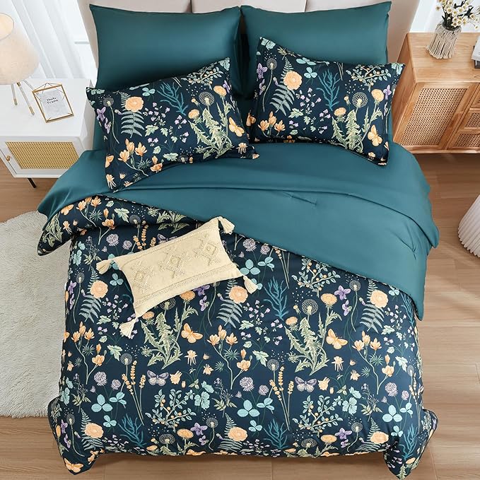 Yiran Floral Full Size Comforter Set, 7 Piece Peacock Blue Comforter Bedding Set, Spring Bed in a Bag with Botanical Flowers Pattern, Soft Microfiber Complete Bedding Set with Sheets for All Season