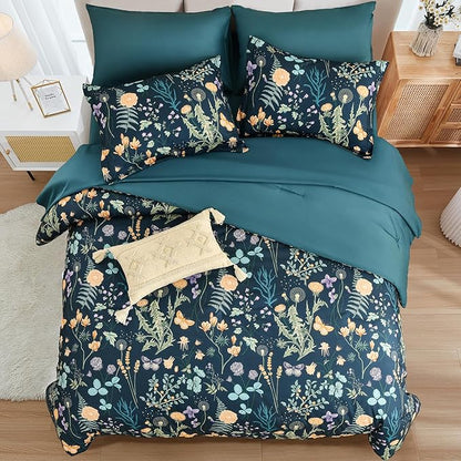Yiran Floral Full Size Comforter Set, 7 Piece Peacock Blue Comforter Bedding Set, Spring Bed in a Bag with Botanical Flowers Pattern, Soft Microfiber Complete Bedding Set with Sheets for All Season