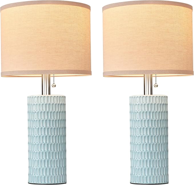20.5" Modern Ceramic Table Lamps for Bedroom Set of 2, Bedside Lamps for Night Stands with Beige Lampshade, Farmhouse Table Lamp for Living Room Office Dorm, Sky Blue