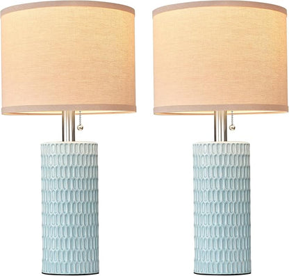 20.5" Modern Ceramic Table Lamps for Bedroom Set of 2, Bedside Lamps for Night Stands with Beige Lampshade, Farmhouse Table Lamp for Living Room Office Dorm, Sky Blue