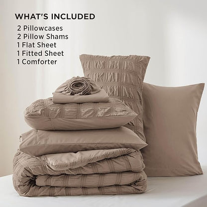 Bedsure Bed in a Bag Full - 7 Pieces Plaid Seersucker Bedding Comforter Sets, Soft Lightweight Affogat Boho Bed Set with Comforters Full Size, Sheets, Pillowcases & Shams