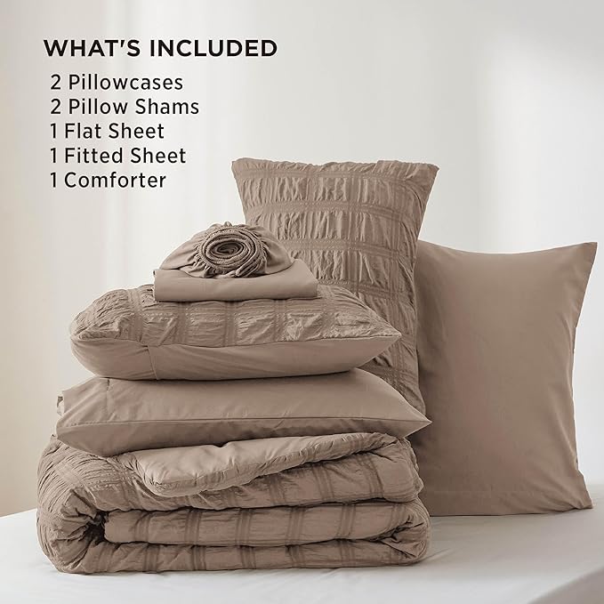 Bedsure Bed in a Bag King - 7 Pieces Plaid Seersucker Bedding Comforter Sets, Soft Lightweight Affogat Boho Bed Set with Comforters King Size, Sheets, Pillowcases & Shams