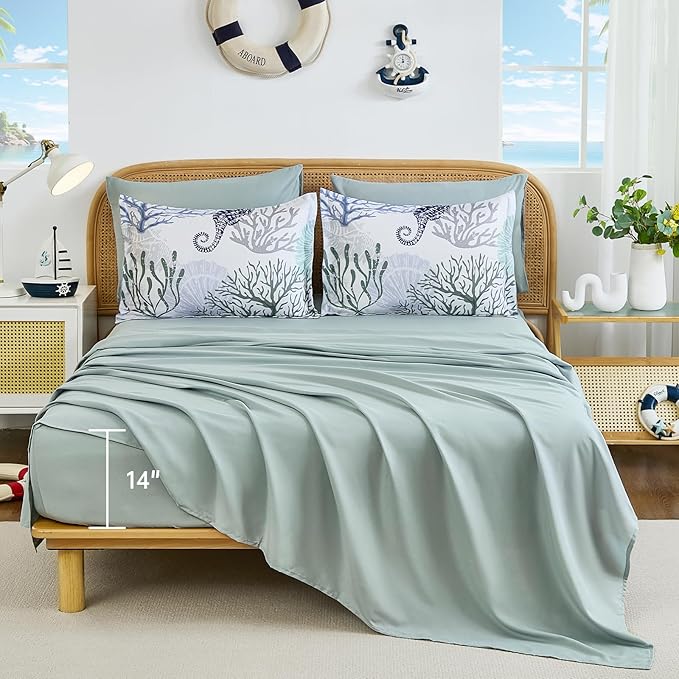 WONGS BEDDING Comforter Set Queen，Coastal Beach Theme Bedding Set, 7 Pieces Ocean Nautical Seaweed & Starfish Bed in a Bag for All Season(90"×90")