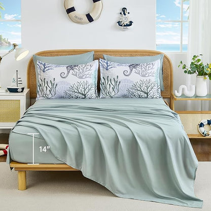 WONGS BEDDING Comforter Set Queen，Coastal Beach Theme Bedding Set, 7 Pieces Ocean Nautical Seaweed & Starfish Bed in a Bag for All Season(90"×90")