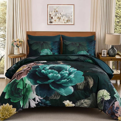 WONGS BEDDING Floral Comforter Set Queen Size, 7 Pieces Teal Bed in a Bag Comforter Bedding Set, Soft Microfiber for All Season with Pillowcases & Shams,Sheets(90"×90")