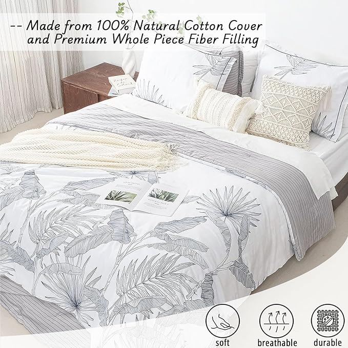 Botanical Cotton Comforter Queen Size - White Comforter with Delicate Black Leaves Patterns,Grey Reversible Lightweight Bedding Sets 3Pcs(Stripes)