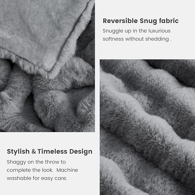 Cozy Bliss Faux Fur Throw Blanket for Couch, Fuzzy Soft Plush Thick Bubble Blanket for Sofa Bedroom Living Room, 90 * 90 Inches Light Grey