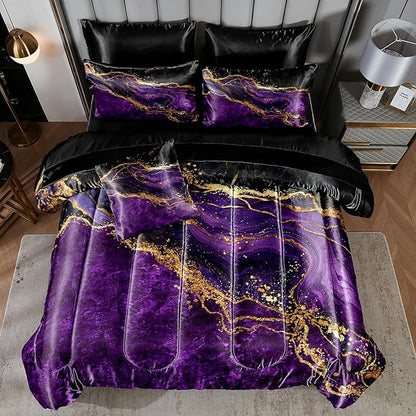 Purple Satin Comforter Set Gray Marble Bedding Queen Purple Marble Stone Bedroom Decor Artwork Abstract Comforter Silk Like Silky Bed in A Bag with Comforter and Sheets