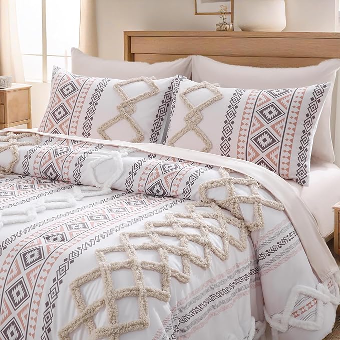 MOVE OVER Beige Tufted Comforter Set Queen Size 5 Pieces Bohemian Style Geometric Tufted Bedding Set Farmhouse Boho Aztec Comforter Set with 2 Decor Pillow Covers for Room Decor