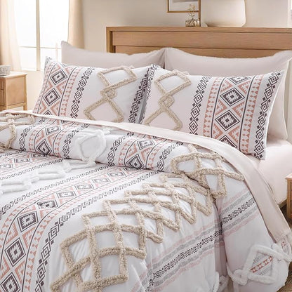 MOVE OVER Beige Tufted Comforter Set Queen Size 5 Pieces Bohemian Style Geometric Tufted Bedding Set Farmhouse Boho Aztec Comforter Set with 2 Decor Pillow Covers for Room Decor