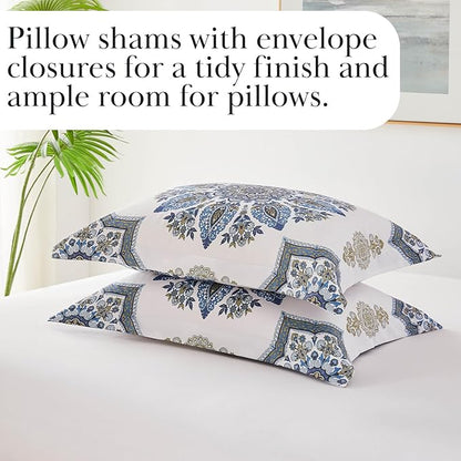 Southshore Fine Living, Inc. Oversized Comforter Full Size Set, Down Alternative Boho Bedding, Paisley Floral Print Bed Spread, Full Size/Queen with 2 Matching Shams, Blue on White