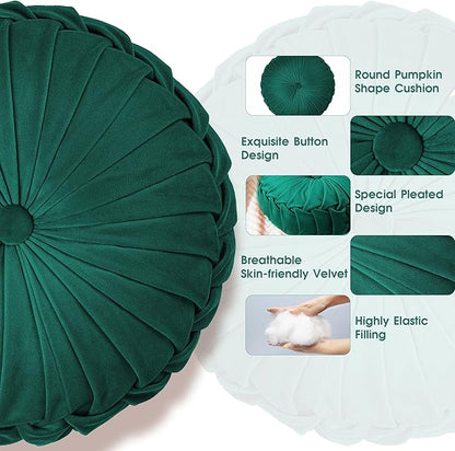 ROSE&RISY Round Pleated Hand-Stitched Velvet Throw Pillow, 1 Pcs Decorative Accent Pumpkin Pillow Cushion for Couch Sofa Chair Bed Car Home Decor (14.5 Inch, Teal)
