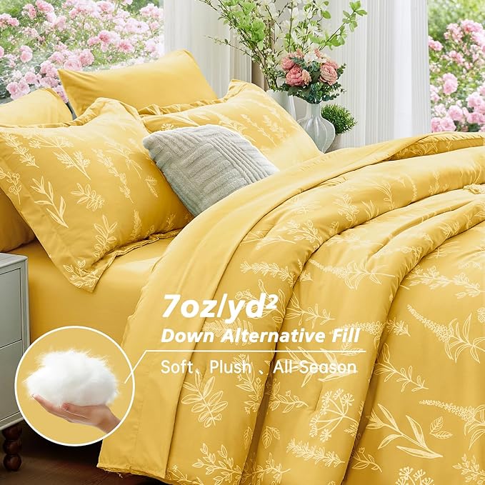 MUXHOMO Bright Yellow Bed in a Bag King 7 Pieces, King Comforter Set Reversible Botanical Flowers Design, Ultra Soft & Breathable Bedding Sets with Comforter, Sheets, Pillowcases & Shams