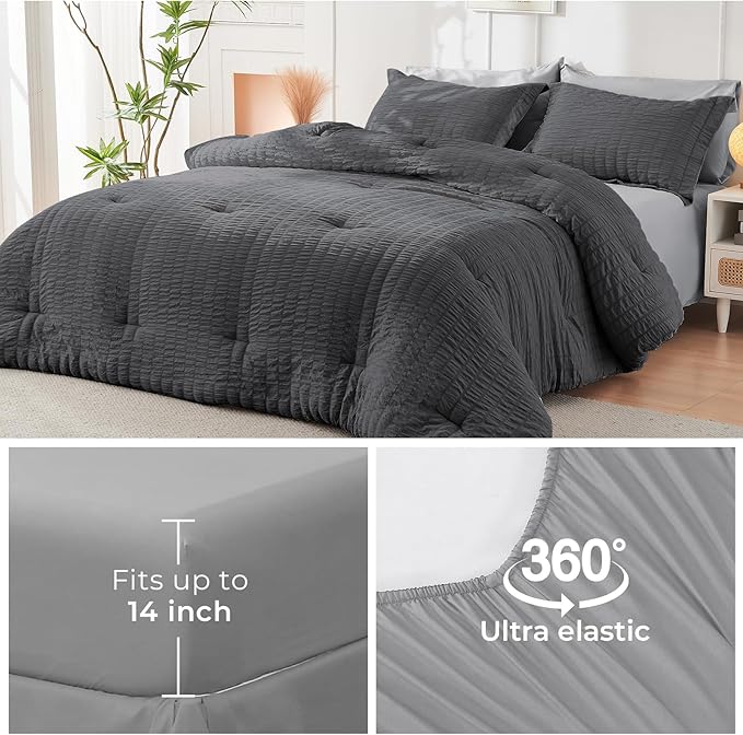 HYMOKEGE Dark Grey/Light Grey King Size Comforter Set Seersucker 7 Pieces, All Season Luxury Bed in a Bag for Bedroom, Bedding Set with Comforter, Sheets, Pillowcases & Shams